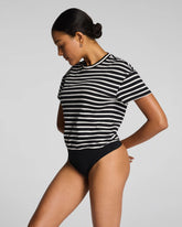 SPANX® Lightweight Cotton Short Sleeve Crewneck Bodysuit | Classic Black/Linen Stripe