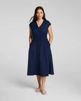 SPANX® Poplin V-Neck Smocked Midi Dress | Timeless Navy
