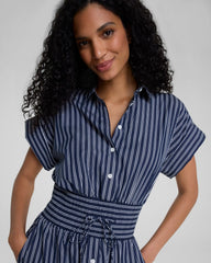 SPANX® Poplin Smocked Mini Shirt Dress | Timeless Navy/Classic White