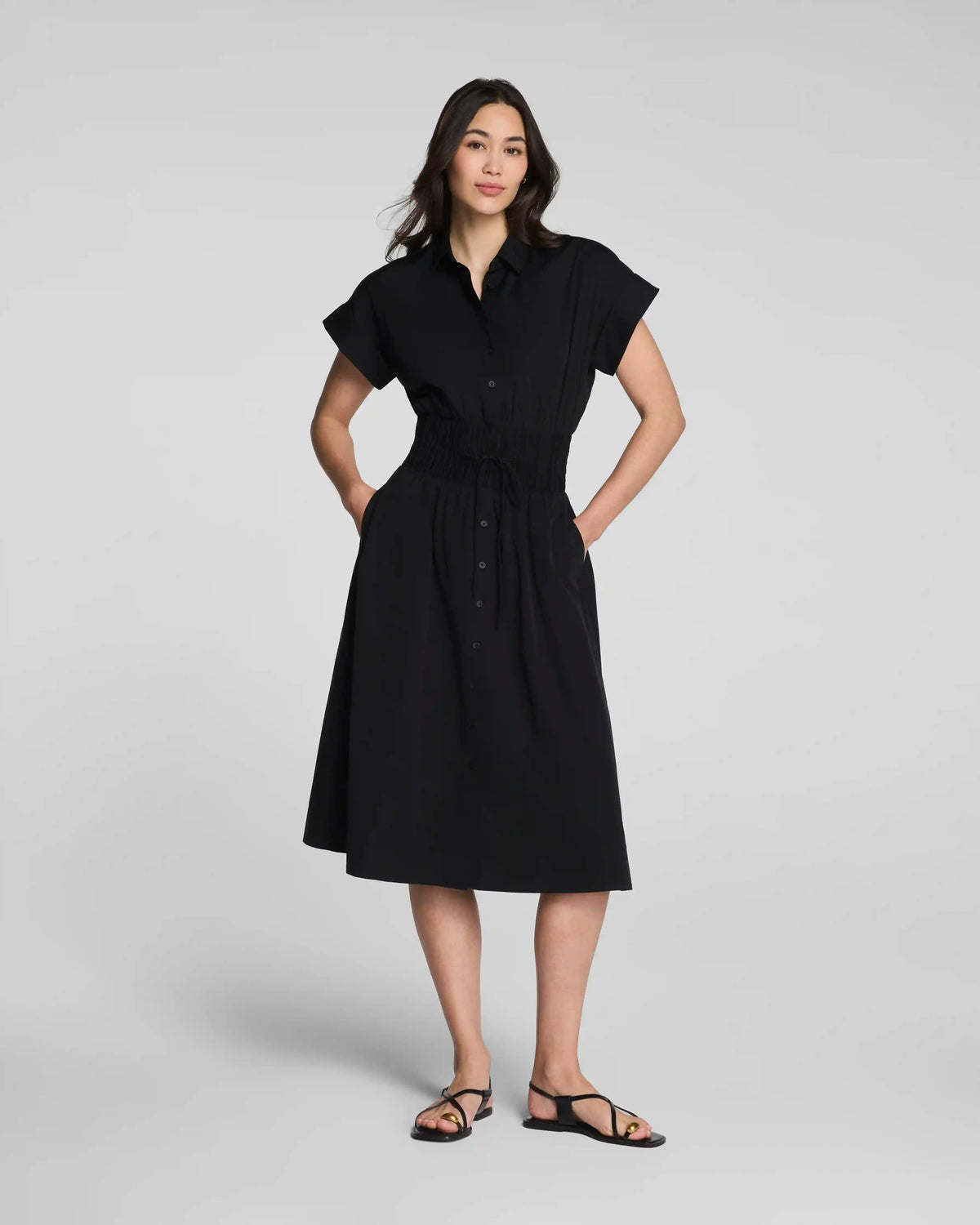 SPANX® Poplin Smocked Midi Shirt Dress | Classic Black