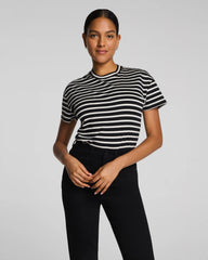 SPANX® Lightweight Cotton Short Sleeve Crewneck Bodysuit | Classic Black/Linen Stripe