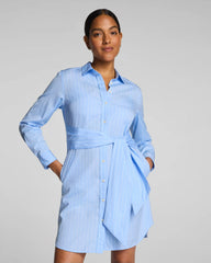 SPANX® Poplin Button-Down Mini Shirt Dress with Tie Belt | Peak/Classic White