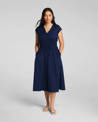SPANX® Poplin V-Neck Smocked Midi Dress | Timeless Navy