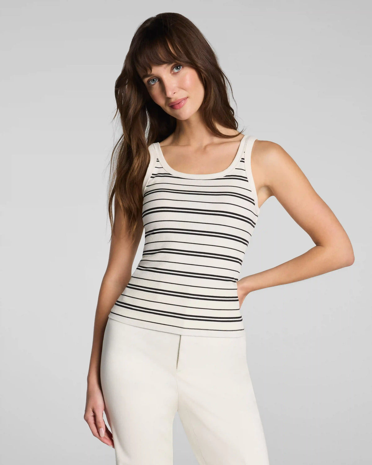 SPANX® Ribbed Knit Scoop Neck Tank | Linen/Classic Black Stripe